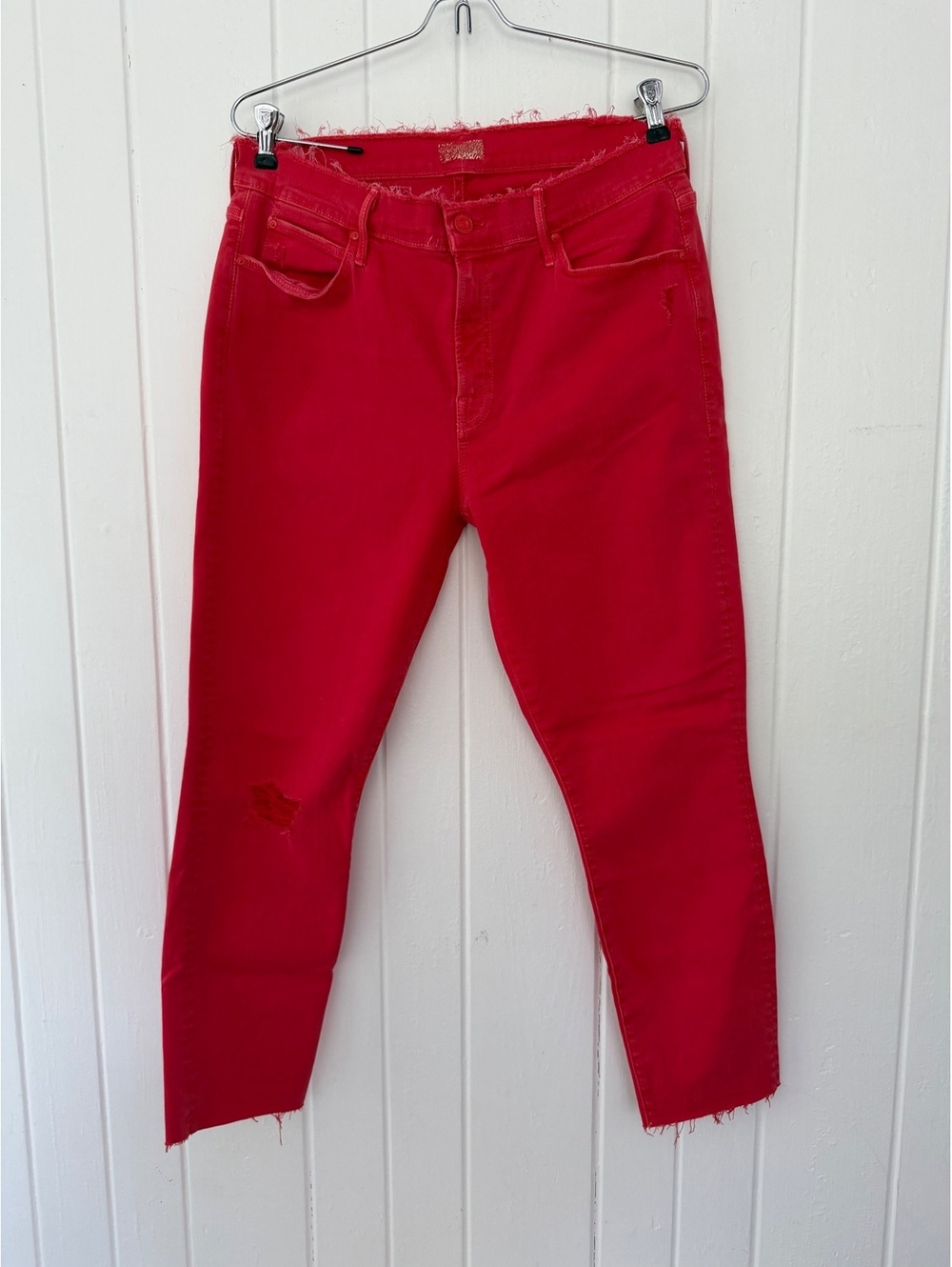 Mother The Double Fray Farmer Red Denim Jeans, Size Medium, Raw Hem